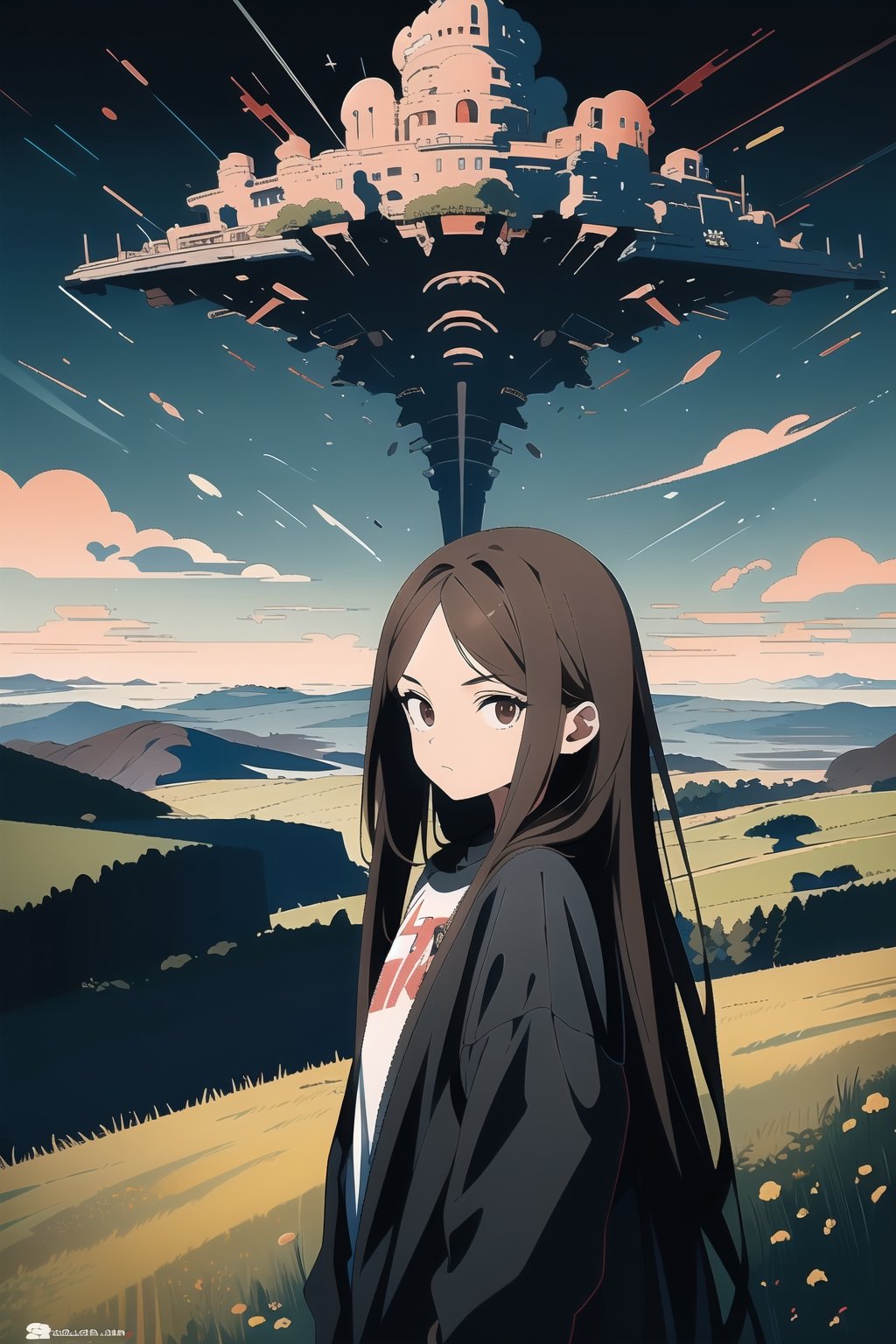 (masterpiece, best quality, high resolution: 1.3), ultra resolution image, (1 child), (only), long hair, semi-long dark brown hair, black eyes, dark gray sweatshirt, fierce, smug, confident, fantasy , ready to fight, landscape (meadow), collapse of civilization, ancient, r1ge, mythical, infinite sky (smoll submarine in the sky , cold hearted brown eyes, traveler
