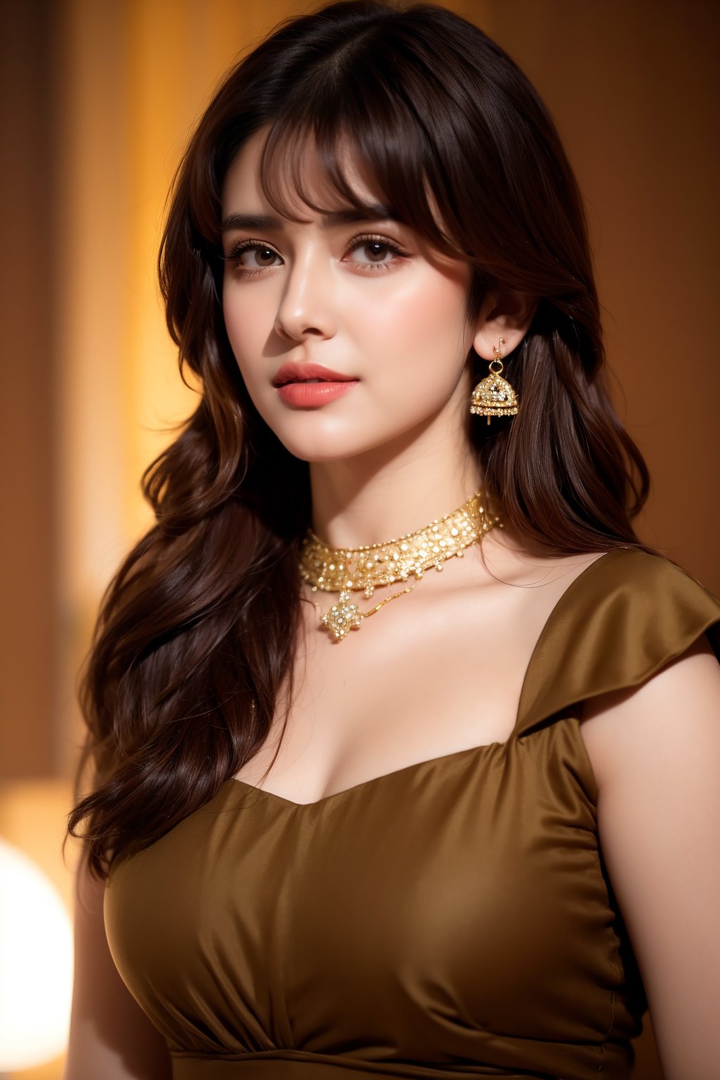 Cinematic ultra HD, hyper realistic full body portrait: 1.4, A 30 years old beautiful Indian woman with long dark brown hair and bangs, Masterpiece: 1.4, Stunning 30-year-old Indian woman, Ultra HD, Realistic, Full body image, Long dark brown hair with bangs, Sharp facial features, Deep golden dress with clinging neckline, Exquisite gold jewelry: necklace and earrings, Serious expression, Highlighted features, Textured hair, Elegant and charming, Cinematic lighting, Intense focus on the subject.,anikha