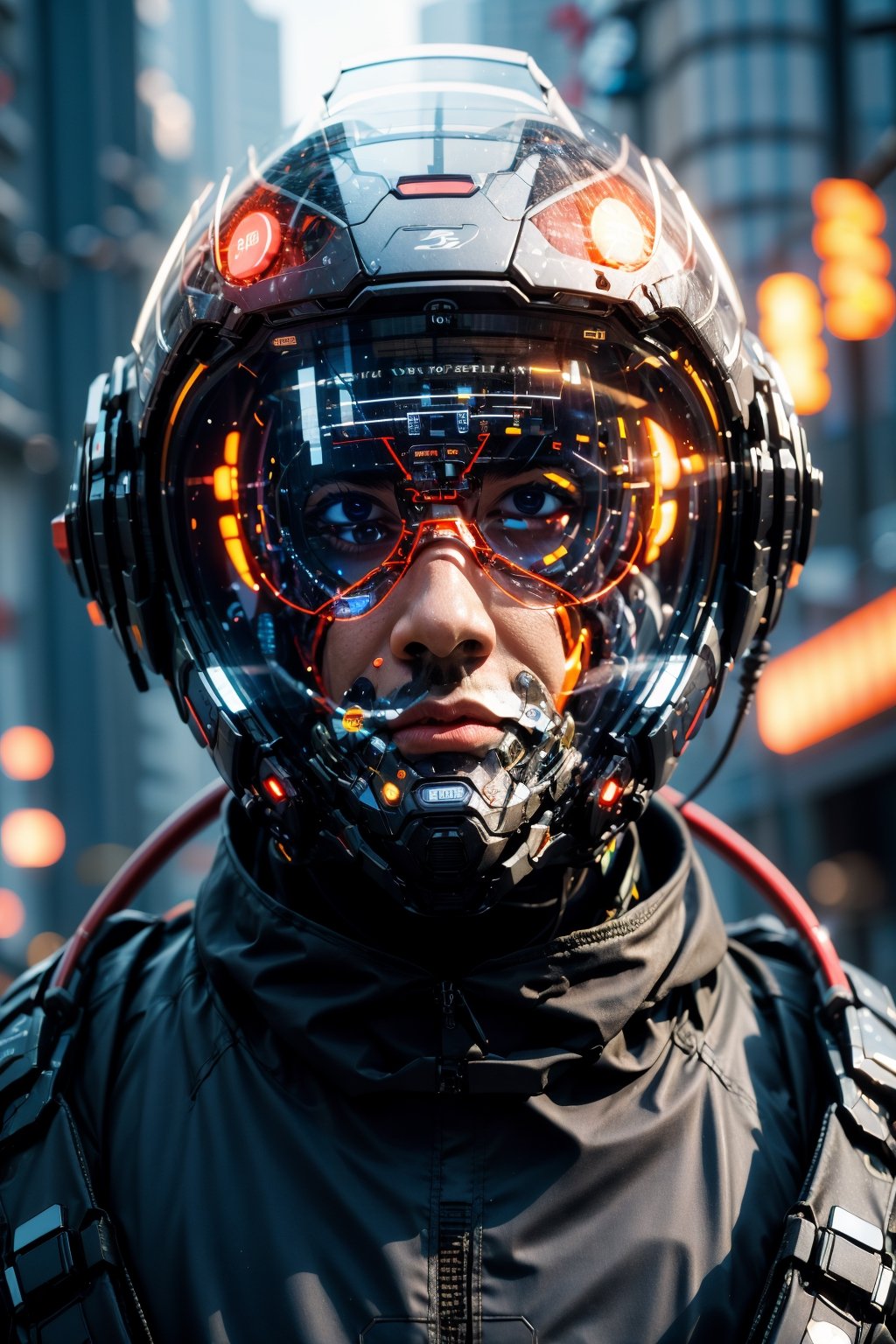 1boy, solo, realistic, science fiction, helmet, cable, cyberpunk, lips, portrait, head-mounted display, blurry, robot, depth of field, blurry background, closed mouth, screen, glowing, facing viewer