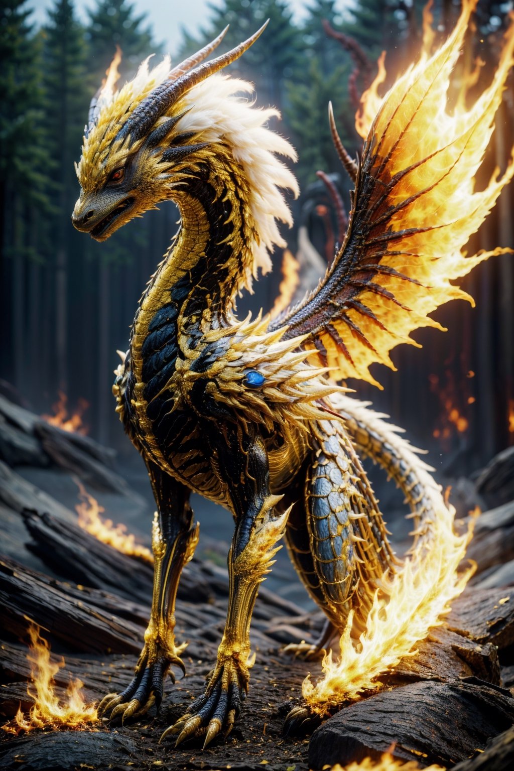 (best quality:1.4),(masterpiece:1.4),(photorealistic:1.4),(Realistic:1.2),(ultra high res, raw photo:1.4),(hdr, hyperdetailed:1.2),(8K:1.2),cinematic photo dragon, no humans, solo, animal focus, colored sclera, full body, standing, horns, claws, closed mouth, from side, tail, fire, black sclera, white fur, yellow sclera,