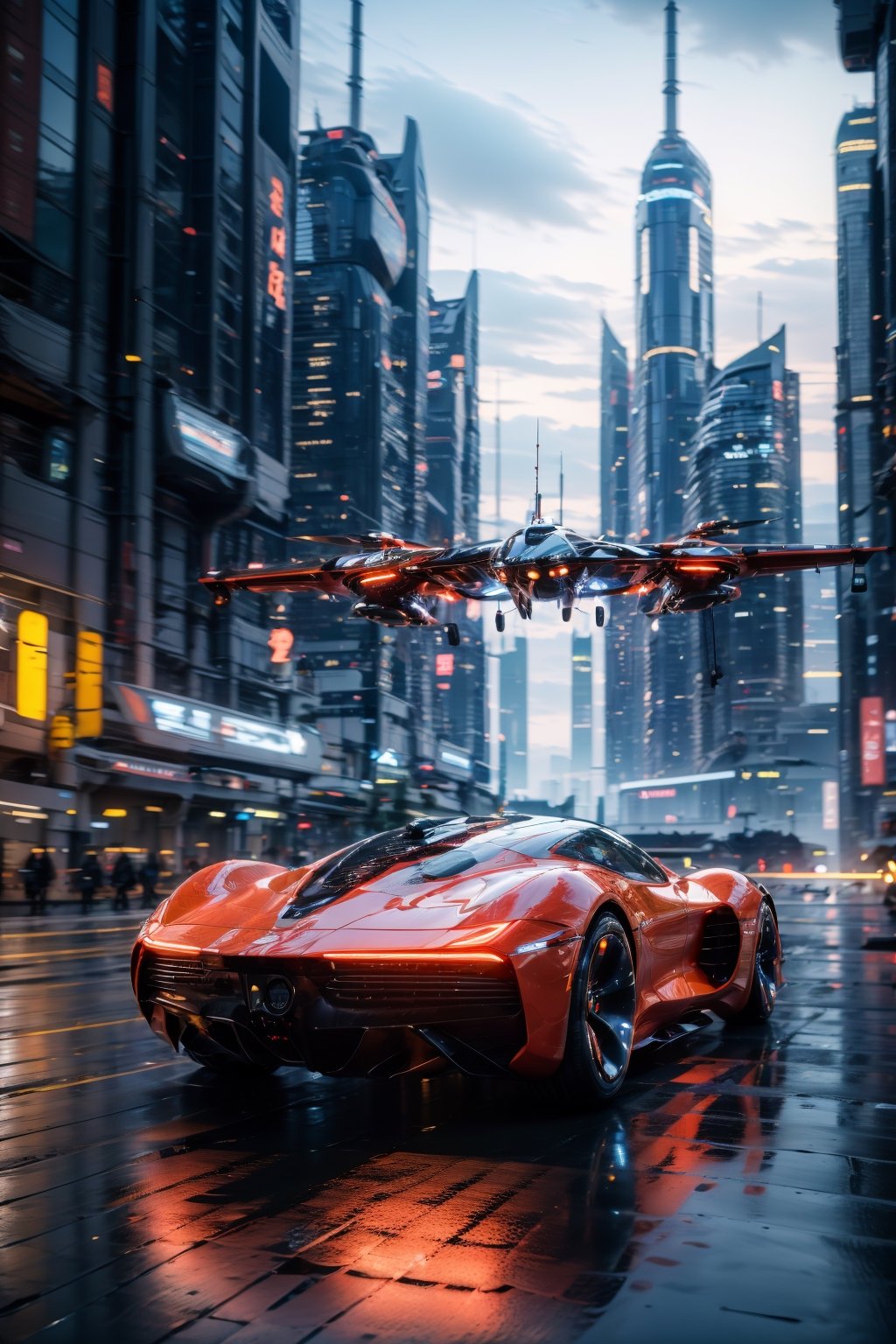 photorealistic, realistic, car, motor vehicle, vehicle focus, no humans, science fiction, aircraft, city, flying, scenery, road, motion blur, building, outdoors, helicopter, sky, cloud, realistic, night, skyscraper, cyberpunk