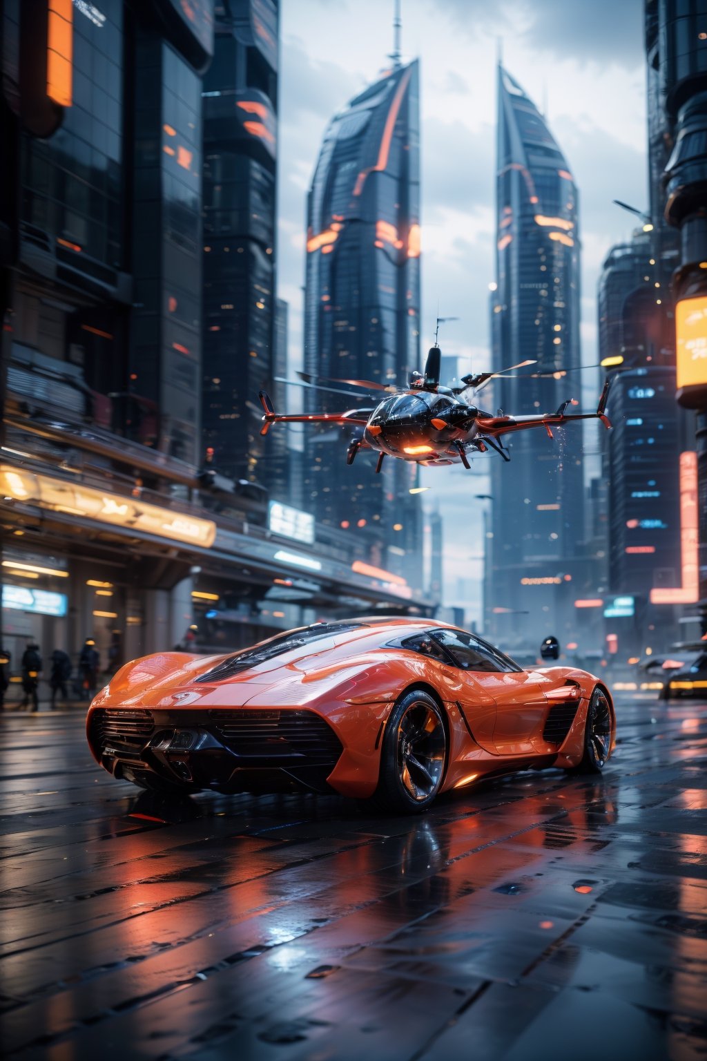 photorealistic, realistic, car, motor vehicle, vehicle focus, no humans, science fiction, aircraft, city, flying, scenery, road, motion blur, building, outdoors, helicopter, sky, cloud, realistic, night, skyscraper, cyberpunk