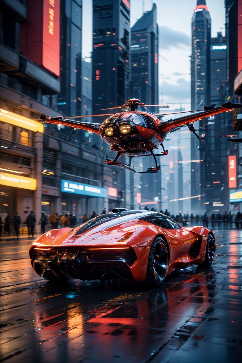 photorealistic, realistic, car, motor vehicle, vehicle focus, no humans, science fiction, aircraft, city, flying, scenery, road, motion blur, building, outdoors, helicopter, sky, cloud, realistic, night, skyscraper, cyberpunk