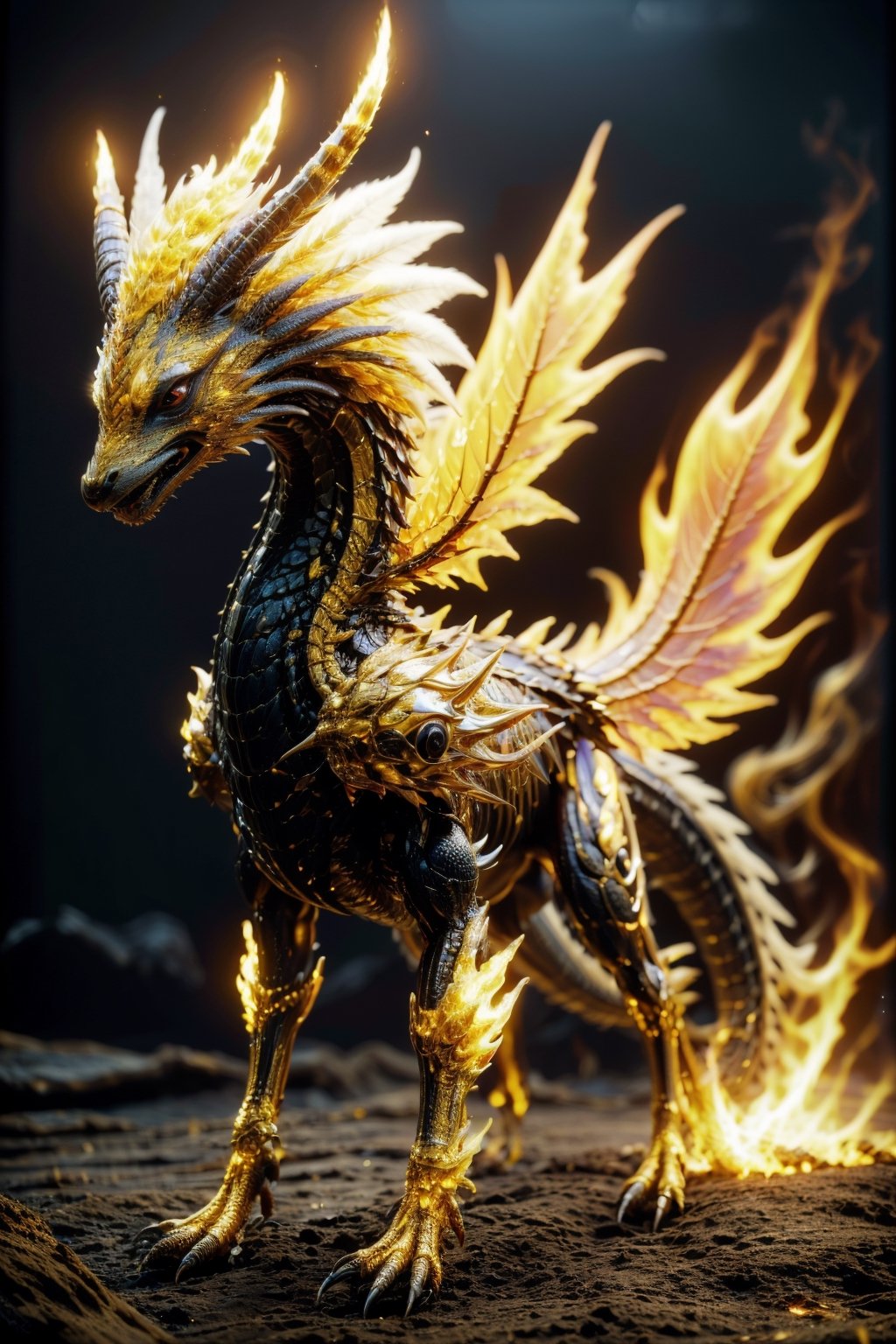 (best quality:1.4),(masterpiece:1.4),(photorealistic:1.4),(Realistic:1.2),(ultra high res, raw photo:1.4),(hdr, hyperdetailed:1.2),(8K:1.2),cinematic photo dragon, no humans, solo, animal focus, colored sclera, full body, standing, horns, claws, closed mouth, from side, tail, fire, black sclera, white fur, yellow sclera,