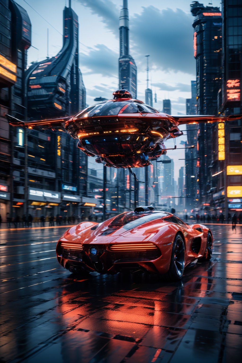 photorealistic, realistic, car, motor vehicle, vehicle focus, no humans, science fiction, aircraft, city, flying, scenery, road, motion blur, building, outdoors, helicopter, sky, cloud, realistic, night, skyscraper, cyberpunk