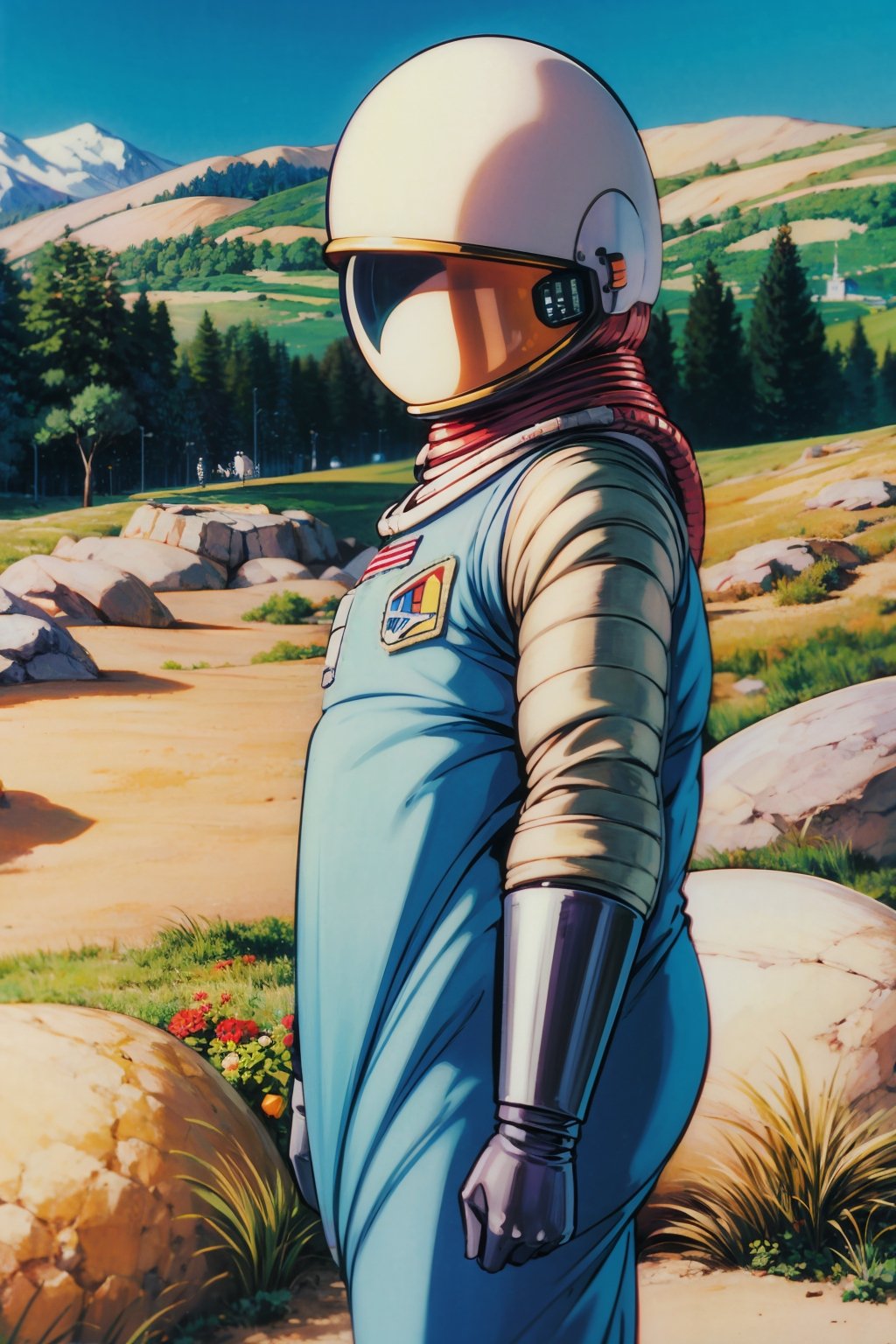 masterpiece, best quality, wide scene, (astronaut:1.3), futuristic space suit, medieval village, rustic stone buildings, sleek helmet, advanced technology, metallic spacecraft, anomaly, god light, medieval landscape1990s (style), the 1990s (style),ghibli