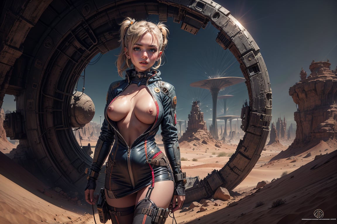 closeup Girl In Thight Plugsuit, Desert, Portal to another WORLD, Science Fiction, COWBOY SHOT, tits, short_skirt