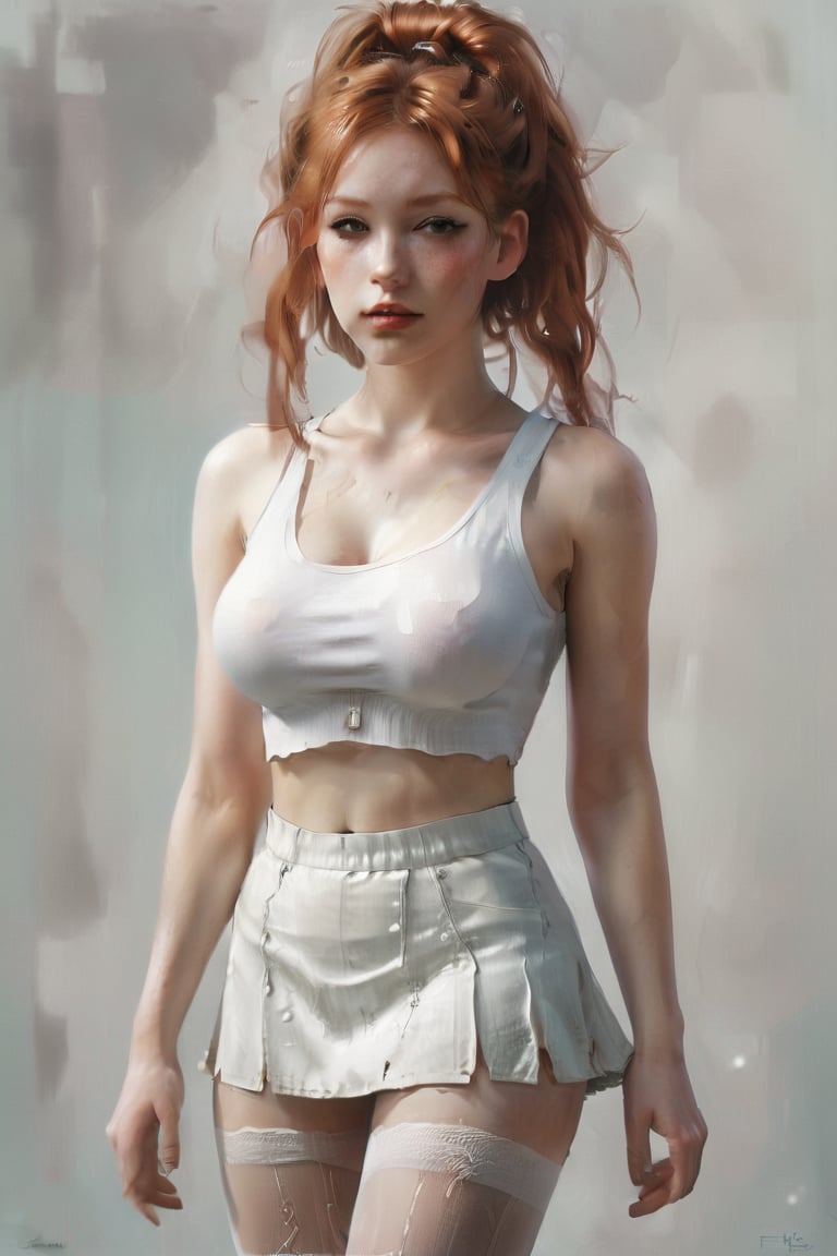 A detailed digital illustration of a young woman with ginger hair styled in high pigtails, wearing a white cropped tank top that is slightly tattered. (((huge breast:1.4))), (((pantyhose))), (((tight_miniskirt)))
