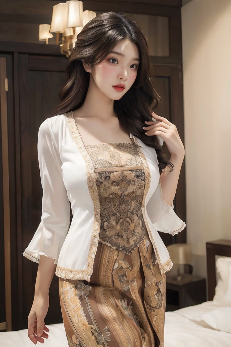 Masterpiece, Extremely realistic, women, inside bedroom, medium wavy hair, layered hairstyle, detailed face, medium breasts, wider hips, (detailed background), fine detailed, intricate detail, ray tracing, depth of field, doll, kebaya, blouse,