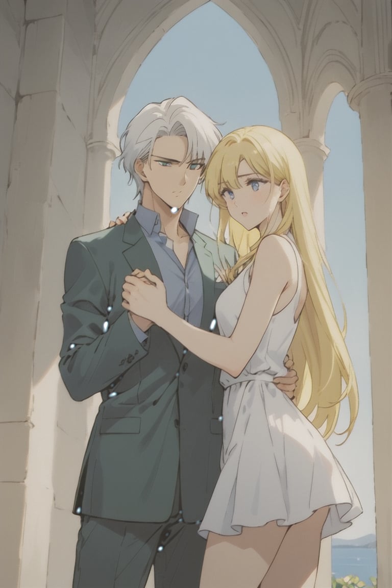 beautiful drawing,tall, statuesque,courageous,athletic,handsome man with long straight white hair below the shoulders,long bangs,bright blue eyes,dressed in a business suit,he is dissatisfied,stands with his back to an incredibly beautiful fatal young blonde girl with long straight golden hair,blue eyes,beautiful facial features,dressed in a light summer dress, she flirts with him, stands with her back to him.summer, sunshine,beautiful house,love at first sight
 score_9, score_8,score_7,rating_explicit, (Aesthetic romantic image)score_9,score_7_up,rating_explicit, score_8_up, SMV4,Malachite,Kunzite,1male,1woman, hetero couple