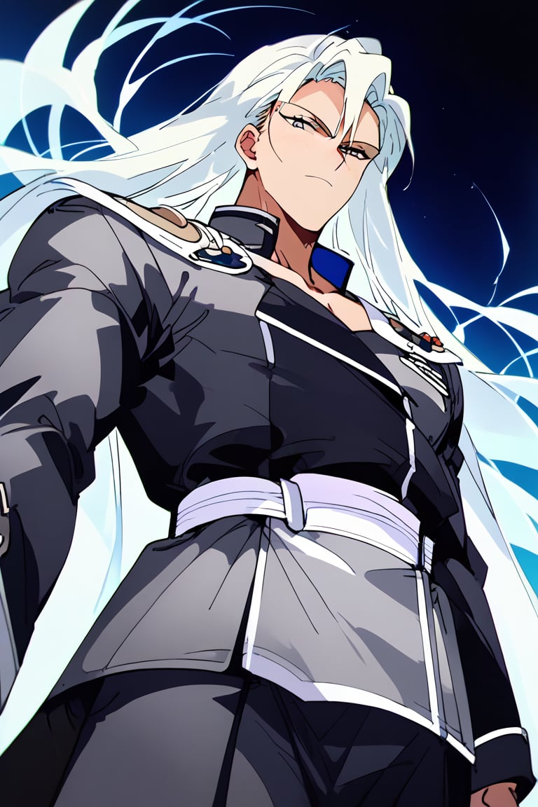 (Beatiful, masterpiece, aesthetic). Anime muscle man.long straight platinum hair below the shoulders. Light blue eyes. grey military clothes, silver armor with gold decorations. (Anime Character) (Dark enviroment).Kunzite,Malachite,SMV4,score_9,score_8_up,score_7_up,rating_explicit, (Aesthetic dark image), long straight platinum hair below the shoulders,Handsome male