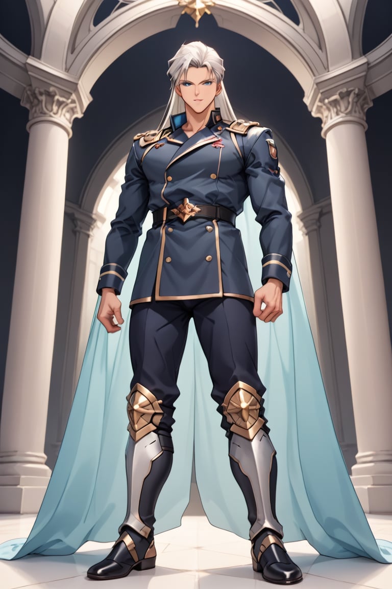 (Beatiful, masterpiece, aesthetic). Anime muscle man.long straight platinum hair below the shoulders. Light blue eyes. grey military clothes, silver armor with gold decorations. (Anime Character) (Dark enviroment).Kunzite,Malachite,SMV4,score_9,score_8_up,score_7_up,rating_explicit, (Aesthetic dark image), long straight platinum hair below the shoulders,MALE,  full-length image,Handsome male