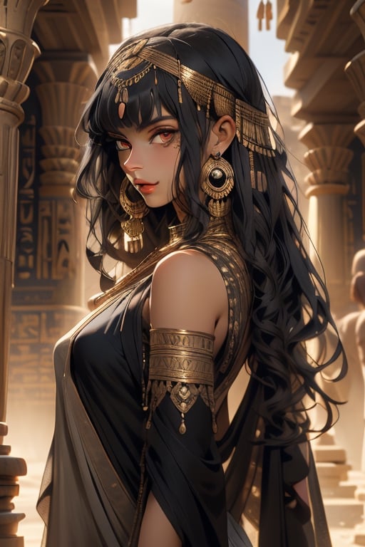 An incredibly beautiful young femme fatale with garnet eyes, long straight black and green hair, one bunch of hair on top of the head. dressed in a long ancient Greek chiton. Masterpiece, perfect image, realistic shots, detailed study of faces, full-length image, 8k, detailed image. extremely detailed illustration, a real masterpiece of the highest quality, with careful drawing. Full-length image. greek clothes., mature woman, pluto, meiou setsuna, egypt, egyptian