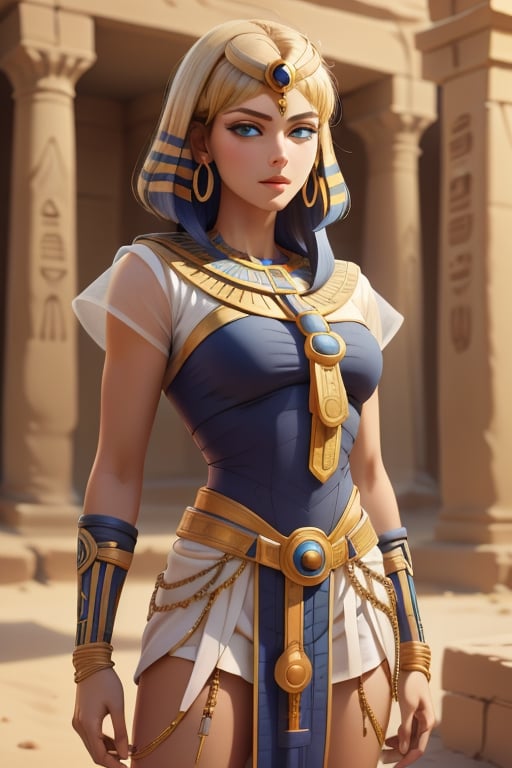 An incredibly beautiful young femme fatale blonde, with blue eyes, short wheat-colored hair, dressed in in long ancient Egyptian clothes. Masterpiece, perfect image, realistic shots, detailed study of faces, full-length image, 8k, detailed image. extremely detailed illustration, a real masterpiece of the highest quality, with careful drawing. Full-length image.  mature woman, egypt, egyptian, mature woman,, ancient egyptian clothes,sailor uranus