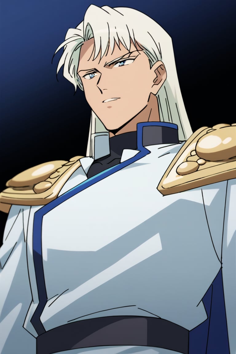 (Beatiful, masterpiece, aesthetic). Anime muscle man.long straight platinum hair below the shoulders. Light blue eyes. grey military clothes, silver armor with gold decorations. (Anime Character) (Dark enviroment).Kunzite,Malachite,SMV4,score_9,score_8_up,score_7_up,rating_explicit, (Aesthetic dark image),long straight platinum hair below the shoulders,MALE