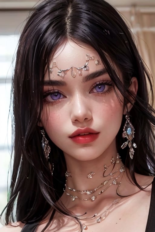 An incredibly beautiful young femme fatale is a brunette with purple eyes, she has a red dress, long straight black hair, long bangs.  Masterpiece, detailed study of the face, beautiful face, beautiful facial features, perfect image, realistic shots, detailed study of faces, full-length image, 8k, detailed image, extremely detailed illustration, a real masterpiece of the highest quality, with careful drawing. masterpiece, WOWAI, belle (PnMakeEnh),Black haired beauty