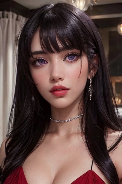 An incredibly beautiful young femme fatale is a brunette with purple eyes, she has a red dress, long straight black hair, long bangs.  Masterpiece, detailed study of the face, beautiful face, beautiful facial features, perfect image, realistic shots, detailed study of faces, full-length image, 8k, detailed image, extremely detailed illustration, a real masterpiece of the highest quality, with careful drawing. masterpiece, WOWAI, belle (PnMakeEnh),Black haired beauty