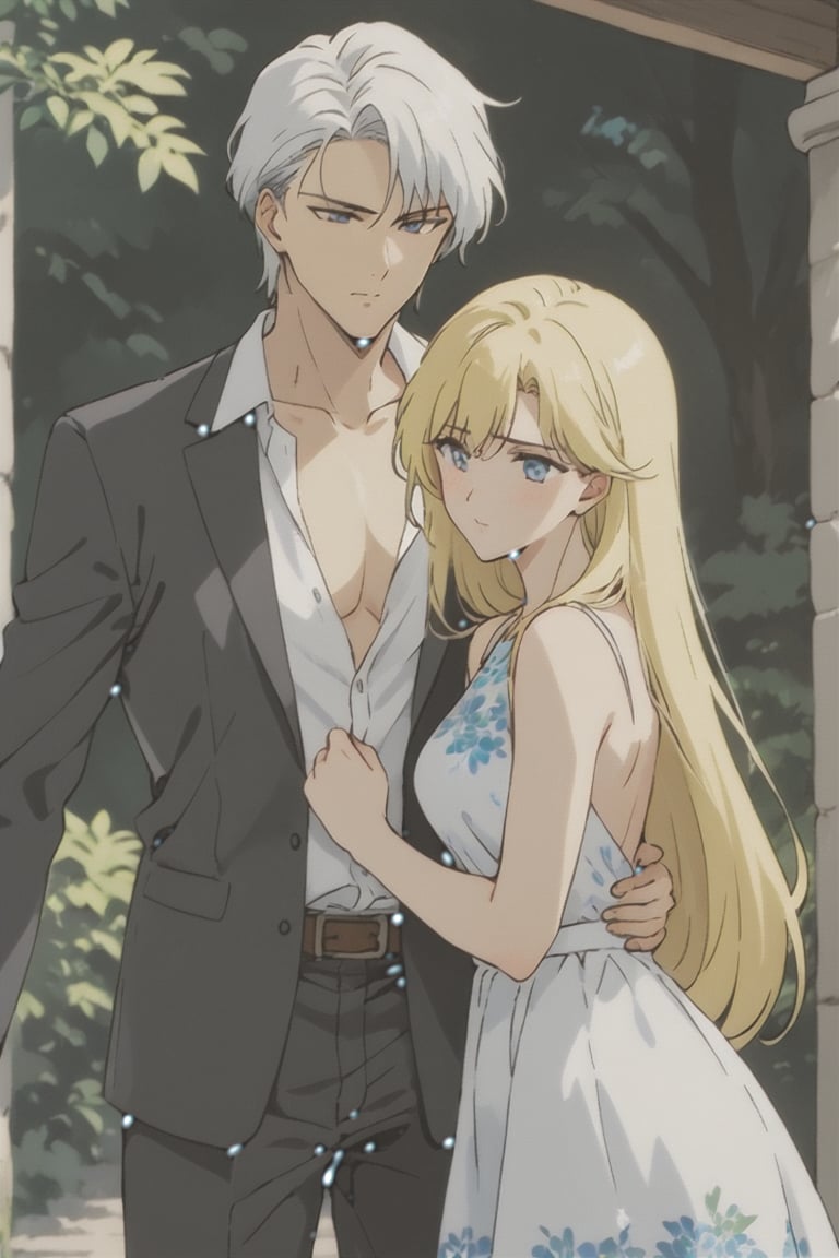 beautiful drawing,tall, statuesque,courageous,athletic,handsome man with long straight white hair below the shoulders,long bangs,bright blue eyes,dressed in a business suit,he is dissatisfied,stands with his back to an incredibly beautiful fatal young blonde girl with long straight golden hair,blue eyes,beautiful facial features,dressed in a light summer dress, she flirts with him, stands with her back to him.summer, sunshine,beautiful house,love at first sight
 score_9, score_8,score_7,rating_explicit, (Aesthetic romantic image)score_9,score_7_up,rating_explicit, score_8_up, SMV4,Malachite,Kunzite,1male,1woman, hetero couple