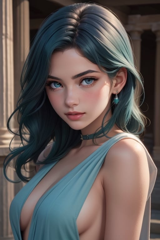 An incredibly beautiful young femme fatale with aquamarine eyes, long curly aquamarine hair, dressed in a long ancient Greek chiton. Masterpiece, perfect image, realistic shots, detailed study of faces, full-length image, 8k, detailed image. extremely detailed illustration, a real masterpiece of the highest quality, with careful drawing. Full-length image. greek clothes.,sailor neptune