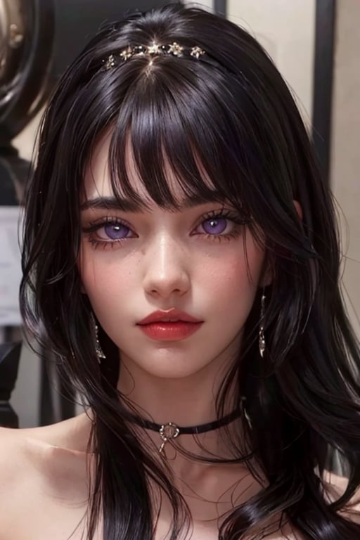 An incredibly beautiful young femme fatale is a brunette with purple eyes, she has a red dress, long straight black hair, long bangs.  Masterpiece, detailed study of the face, beautiful face, beautiful facial features, perfect image, realistic shots, detailed study of faces, full-length image, 8k, detailed image, extremely detailed illustration, a real masterpiece of the highest quality, with careful drawing. masterpiece, WOWAI, belle (PnMakeEnh),Black haired beauty