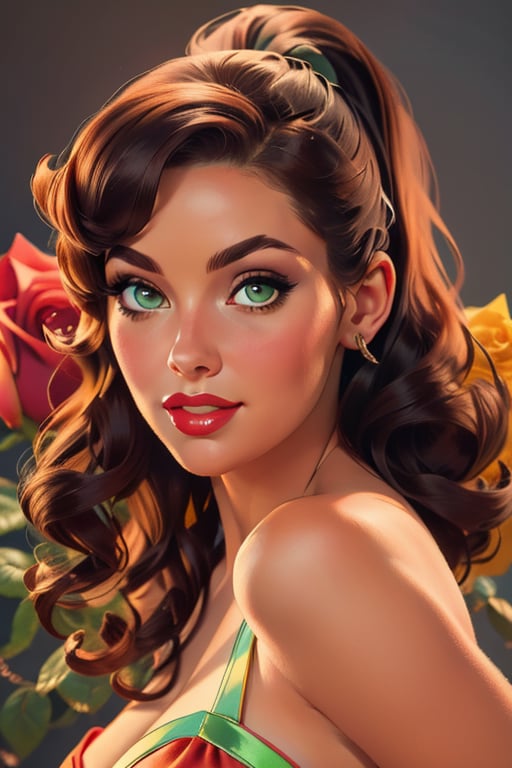 An incredibly beautiful young femme fatale with green eyes,  curly long hair gathered in a high ponytail,  the tail is dec...