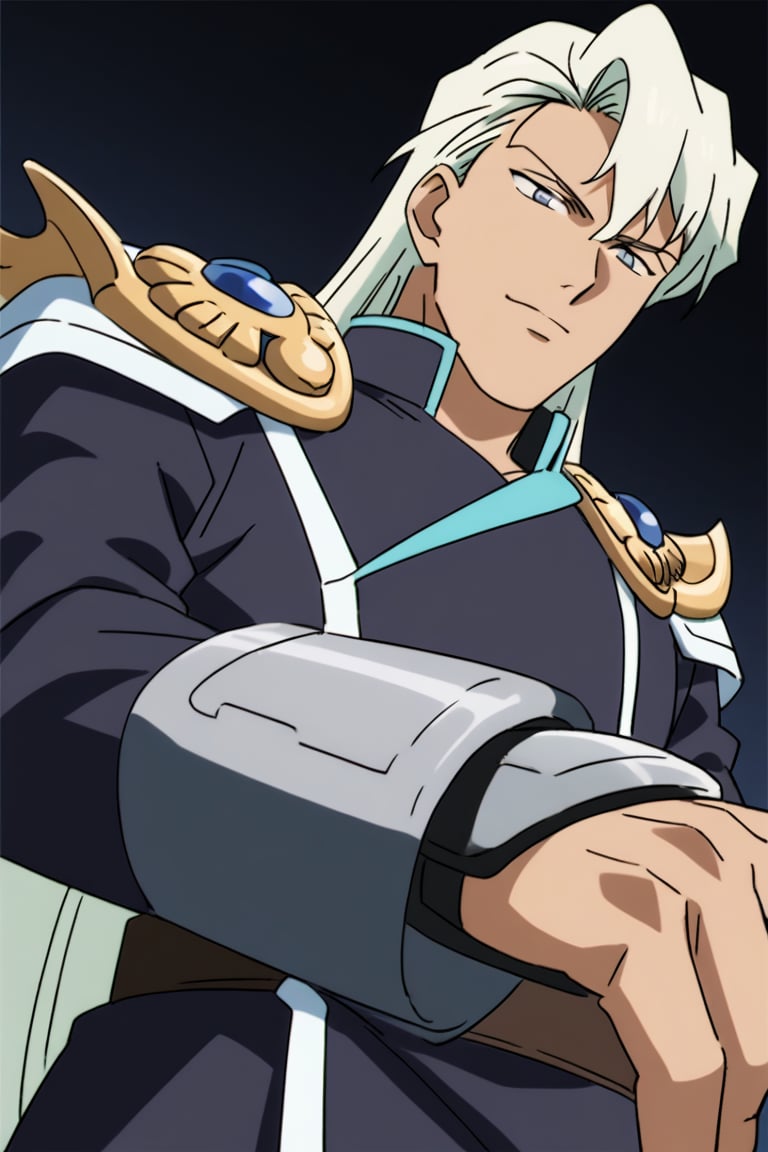 (Beatiful, masterpiece, aesthetic). Anime muscle man.long straight platinum hair below the shoulders. Light blue eyes. grey military clothes, silver armor with gold decorations. (Anime Character) (Dark enviroment).Kunzite,Malachite,SMV4,score_9,score_8_up,score_7_up,rating_explicit, (Aesthetic dark image),long straight platinum hair below the shoulders