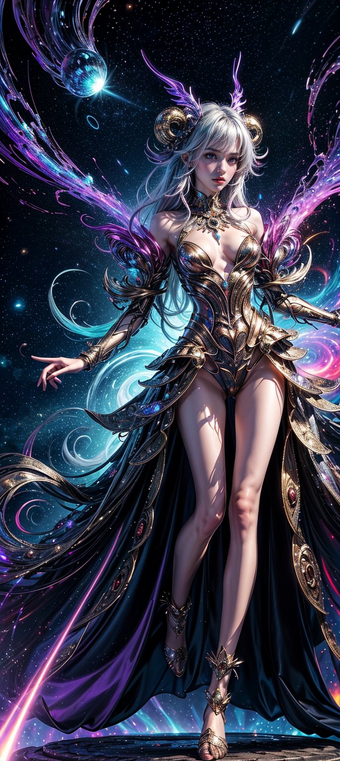 A humanoid figure with shimmering, iridescent fur radiates an otherworldly aura. Celestial antennae protrude from her temples, as if attuned to the whispers of the cosmos. She stands within a shell of wonder, surrounded by swirling vortex energies that evoke planetary dreamscape. Her full body glows with vibrant hues of red, yellow, and iron, as if infused with cosmic enchantment. In this surreal artistry, she embodies an alien essence, her very presence conjuring an amber-hued aura that seems to defy the laws of physics.