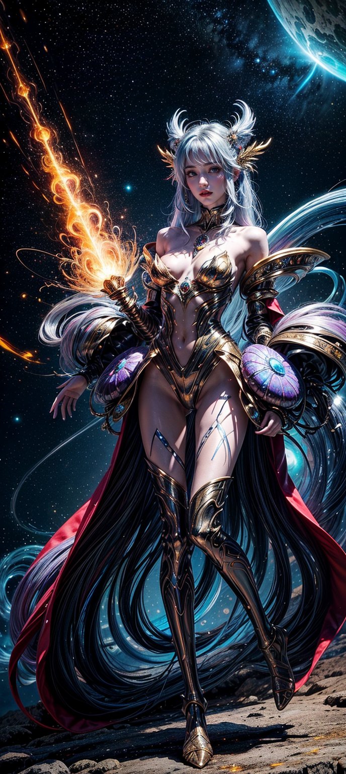 A humanoid figure with shimmering, iridescent fur radiates an otherworldly aura. Celestial antennae protrude from her temples, as if attuned to the whispers of the cosmos. She stands within a shell of wonder, surrounded by swirling vortex energies that evoke planetary dreamscape. Her full body glows with vibrant hues of red, yellow, and iron, as if infused with cosmic enchantment. In this surreal artistry, she embodies an alien essence, her very presence conjuring an amber-hued aura that seems to defy the laws of physics.