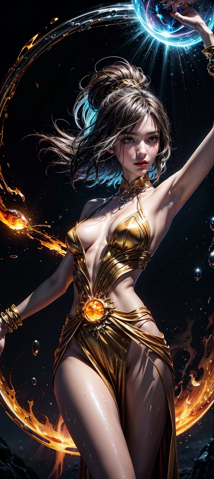 A fiery sorceress stands tall, surrounded by swirling vortex of warm hues: amber, yellow, and orange. Her petite frame is shrouded in misty fog, with droplets of water suspended mid-air, as if frozen in time. Chains of melted metal wrap around her wrists, while golden accents glint like supernova sparks. Background flames dance with icy blue undertones, casting an otherworldly glow. The dark fantasy portrait appears wet and three-dimensional, with colors merging into a dynamic, fluid composition that draws the viewer into its mystical realm.