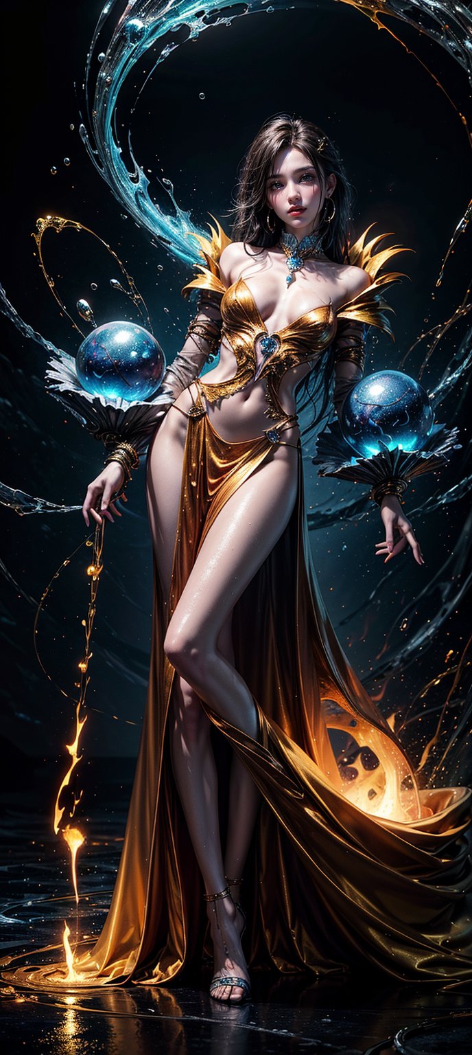 A fiery sorceress stands tall, surrounded by swirling vortex of warm hues: amber, yellow, and orange. Her petite frame is shrouded in misty fog, with droplets of water suspended mid-air, as if frozen in time. Chains of melted metal wrap around her wrists, while golden accents glint like supernova sparks. Background flames dance with icy blue undertones, casting an otherworldly glow. The dark fantasy portrait appears wet and three-dimensional, with colors merging into a dynamic, fluid composition that draws the viewer into its mystical realm.