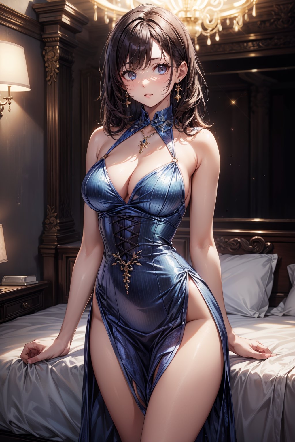 )),  a very sexy and mature women in a tight mini dress posing next to a bed in a room,  full body by Ak6 on Tensor.Art