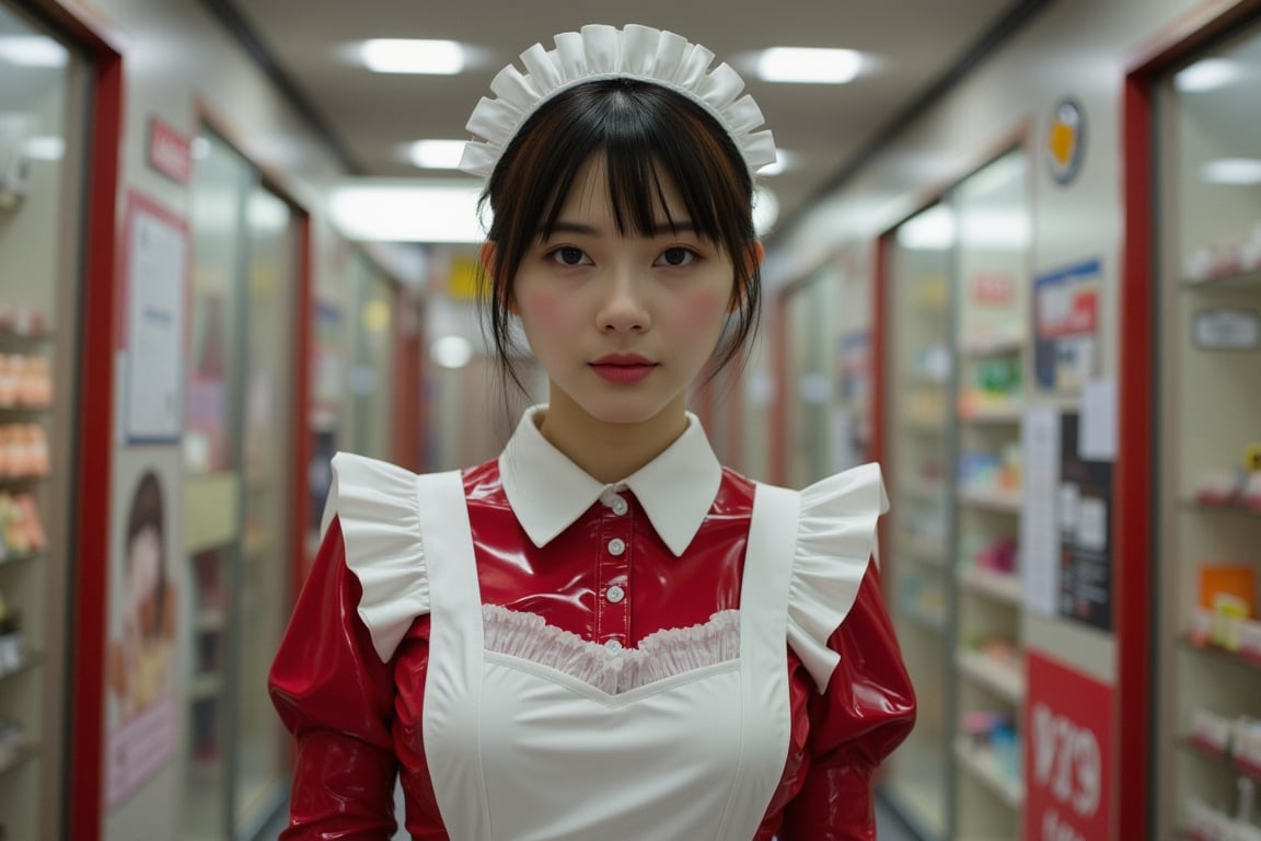 v4n3ss4, realistic, photograph of a chinese woman standing, wearing a latex maid outfit, kawaii, facing viewer,