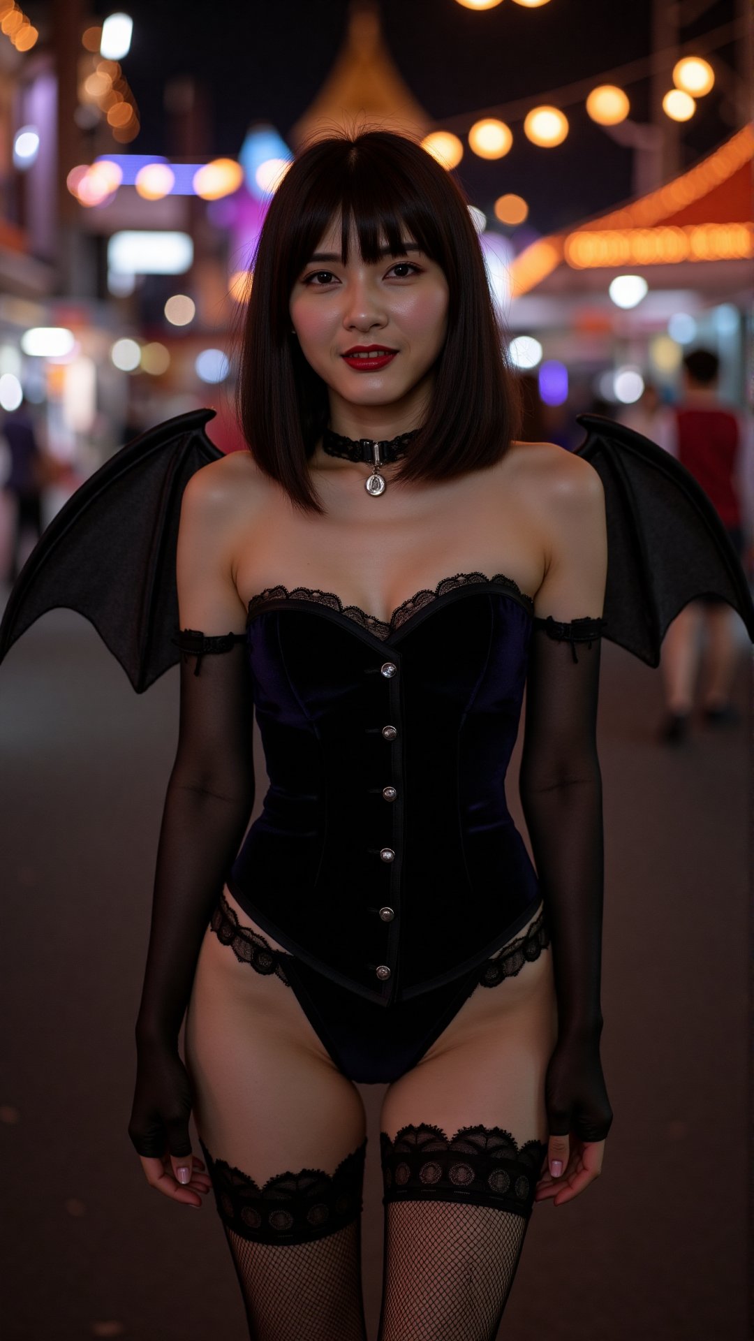 A 30-year-old Asian woman with shoulder-length black hair, Black velvet corset, fishnet stockings, lace gloves, bat wings, choker necklace, The background is an amusement park celebrating Halloween.,v4n3ss4, it is night time