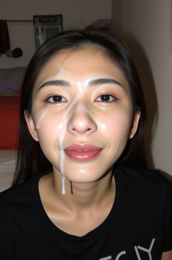 v4n3ss4, A high quality photograph of a Chinese woman. she is wearing a black t-shirt. the photograph shows her whole body including her legs. FCLHGE, (face cum glazed:1.2), cum on forehead, cum on nose. She has the face covered of cum and semen, cum drips on her lips, cum drips on her chin, cum on chin. the cum is a creamy white color. She is looking at the viewer. Perfect picture takes by a photograph. The skin texture is ultra realistic, and the cum is ultra realistic.