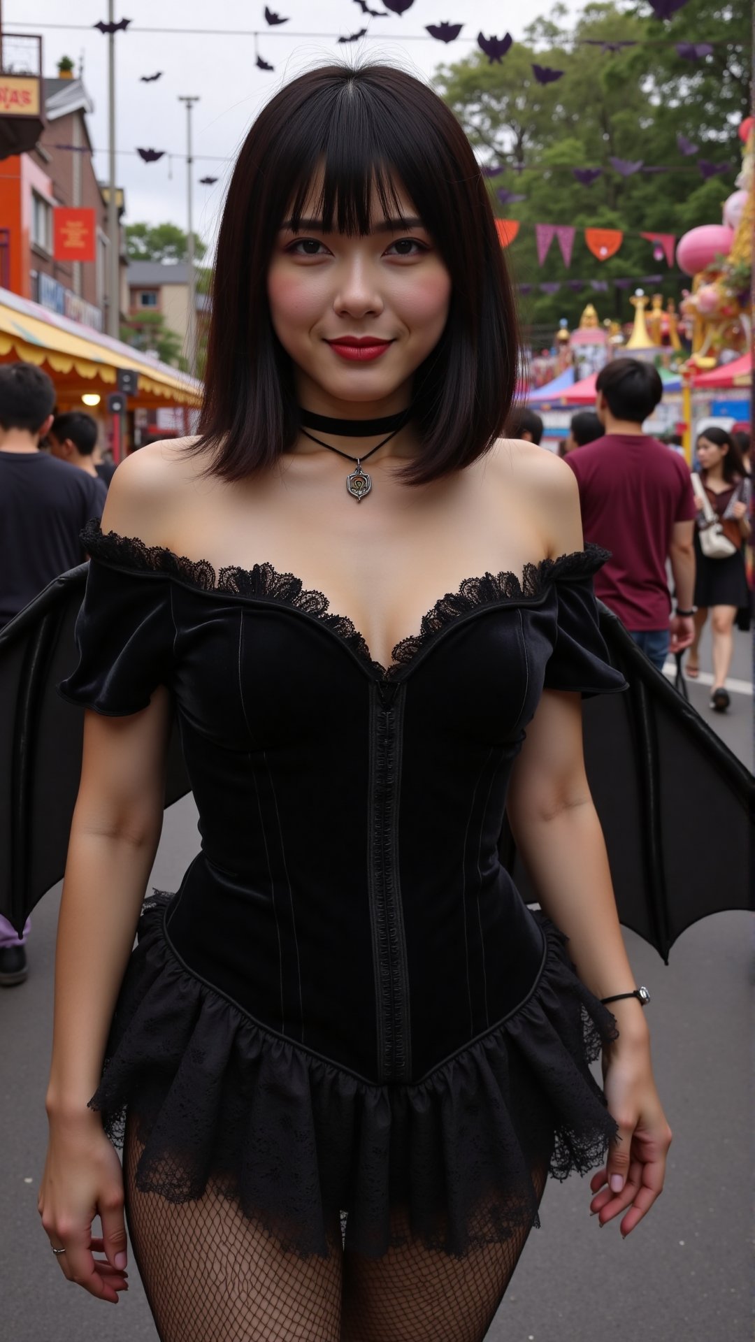 A 30-year-old Asian woman with shoulder-length black hair, Black velvet corset, fishnet stockings, lace gloves, bat wings, choker necklace, The background is an amusement park celebrating Halloween.,v4n3ss4