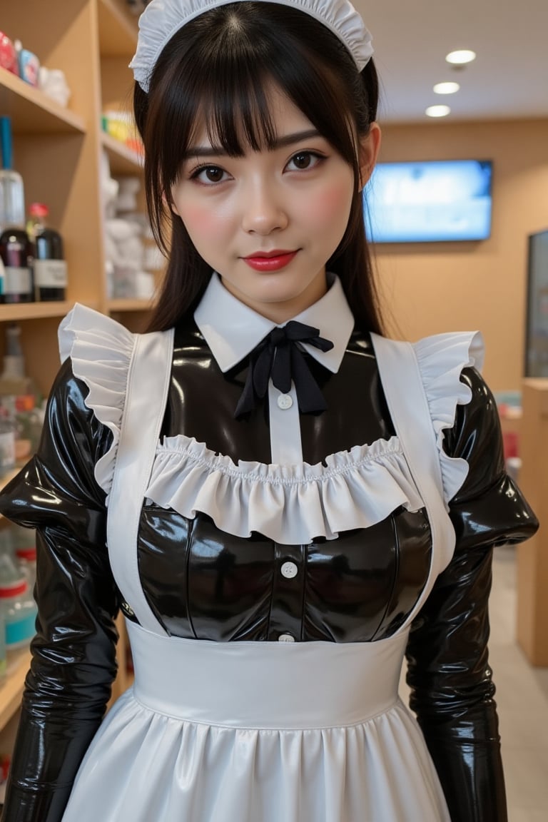 v4n3ss4, realistic, photograph of a chinese woman standing, wearing a latex maid outfit, facing viewer,Kawaii