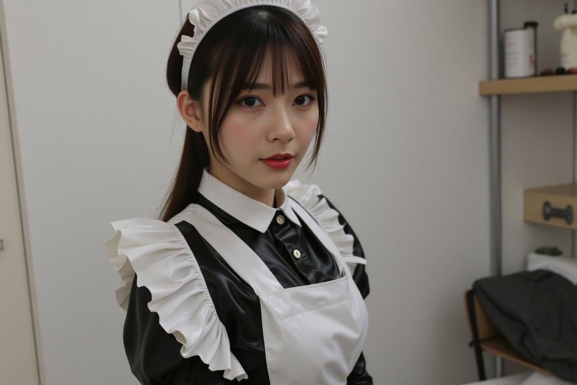 v4n3ss4, realistic, photograph of a chinese woman standing, wearing a latex maid outfit, kawaii, facing viewer,