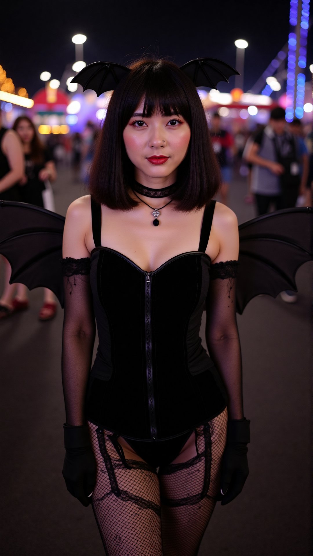 A 30-year-old Asian woman with shoulder-length black hair, Black velvet corset, fishnet stockings, lace gloves, bat wings, choker necklace, The background is an amusement park celebrating Halloween.,v4n3ss4, it is night time