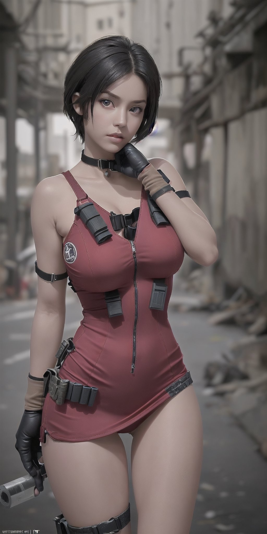 AdaWongRE, sexy pose,post-apocalyptic street, very slim weist, big eyes, realistic skin, tan skin, sport body, pixie_hairstyle, black hair, red long tight dress, collar on the neck, brest 3 size, open shoulders, sport long legs, military ammunition straps on the chest and legs, natural skin, realistic skin, ((ammunition straps, ammunition belts)), short black gloves, detailed fingers, photorealism, high quallity