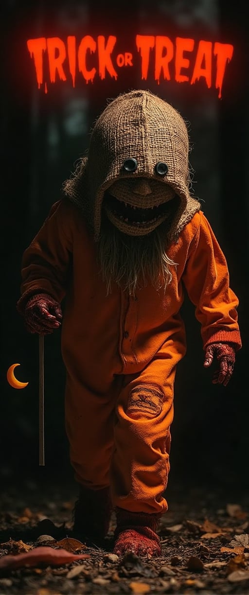 Sam's eerie figure emerges from darkness,big round burlap sack mask like scarecrow hiding his face behind stitched seams and button eyes. orange Pyjamas hang loose on his small frame, like a child's costume gone awry. Bloodied hands grasp a crescent moon lollipop, as dry leaves crunch beneath his feet. The iconic phrase Trick-Or-Treat blazes in bold red letters, a beacon of dread against the desolate night.