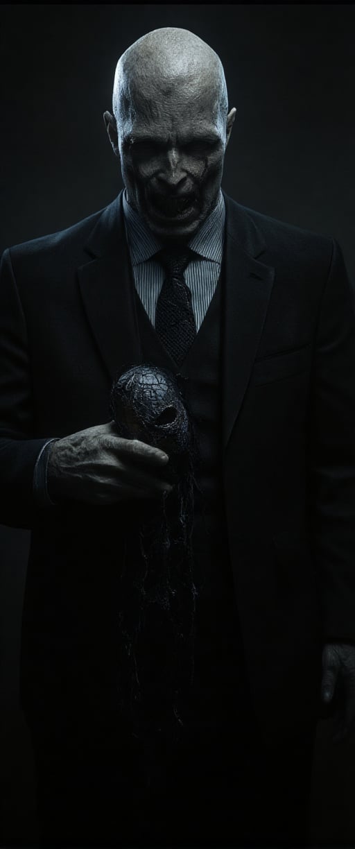 "A haunting image of a classic villain, Tombstone from the Spider-Man universe. A muscullar middle-aged man, dressed in a black suit, black tie, and blue striped collared shirt, exudes menace. His square face, stone-colored skin, pug nose, and wide mouth with pointy teeth convey a sense of cold calculation. Silver-hued hair, styled like Ivan Drago's, adds an air of sophistication to his rugged features. He holds a ripped Spider-Man mask cloth in his hand, symbolizing the destruction he seeks to inflict upon the web-slinger. The framing captures Tombstone's imposing presence, with the black suit and tie creating a dramatic silhouette against a dark background. Lighting is low-key, highlighting the villain's intense gaze and emphasizing the torn mask as a potent symbol of chaos."