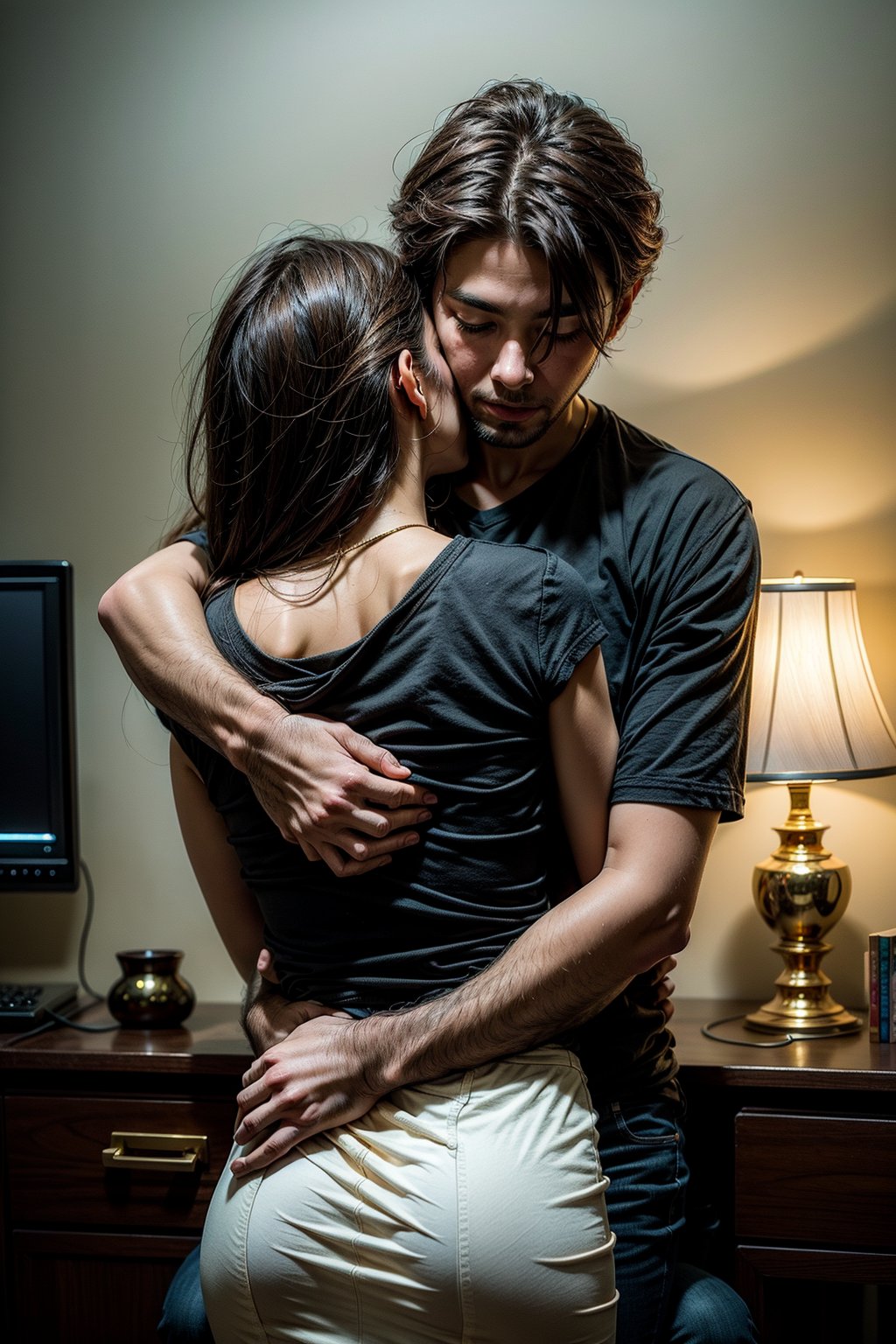 Close-up shot of a loving couple embracing in a warm, golden-lit setting. The man wraps his arms around the woman's waist from behind, pulling her close as they share a tender moment. Their faces, with both eyes locked onto the viewer, convey affection and intimacy. The soft focus and gentle lighting create a sense of vulnerability and connection.