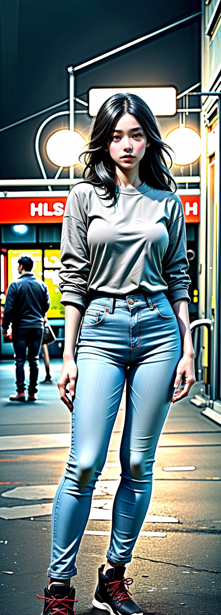 (Best quality, 8k, 32k, Masterpiece, real life, photorealism, highres, UHD:1.2)
night city, 4K, ultra HD, RAW photo, realistic, masterpiece, best quality,woman with medium black hair, straight hair and black eyes, standing outdoors on a street in front of a storefront. She is looking directly at the viewer with parted lips. denim jeans and sneakers. Her arms are relaxed at her sides, brown skin, white skin, 50mm, medium shot, outdoor, half body, photography, Portrait, ,, high fashion, snowflakes, dynamic light, warm lights, festival atmosphere