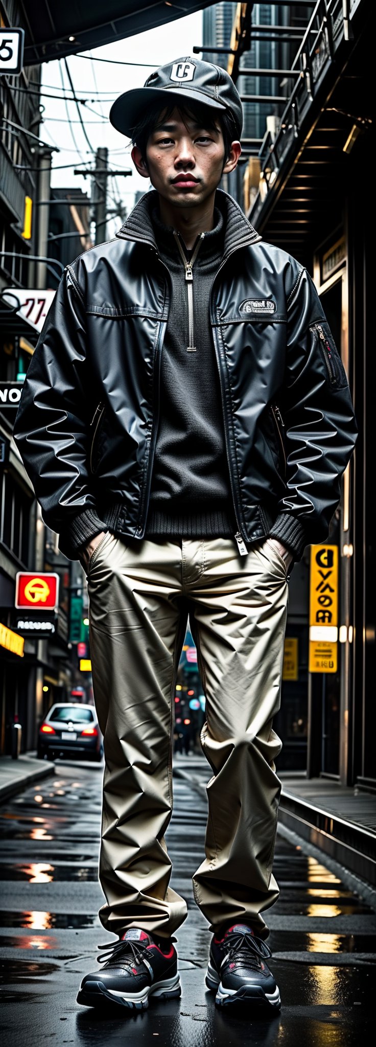  asian man in a black jacket standing in a dark city, digital art inspired by roger deakins, unsplash, digital art, cinematic full body shot, moody cinematic lighting, cinematic outfit photo, cinematic moody lighting, gloomy cinematic lighting, cinematic contrasted lighting, cinematic dark lighting, standing in a city street, cinematic front shot, cinematic gritty lighting, hat, caps,