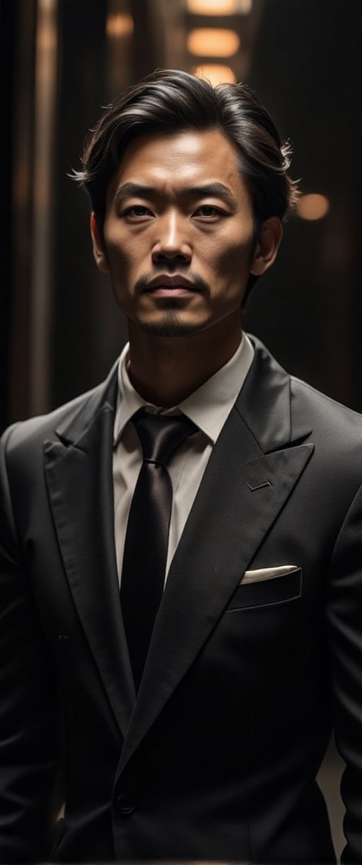 asian man in a suit and tie posing for a picture, short wavy hair, dark suit jacket, light-colored dress shirt, standing pose, looking slightly to the side, smooth skin, indoor environment, dark background with focused lighting, dramatic shadows, formal atmosphere, close-up shot, front view, deep depth of field, well-balanced exposure, no motion blur., cinematic headshot portrait, mid shot portrait, masahiro ito, well lit professional photo,dimly lit environment.