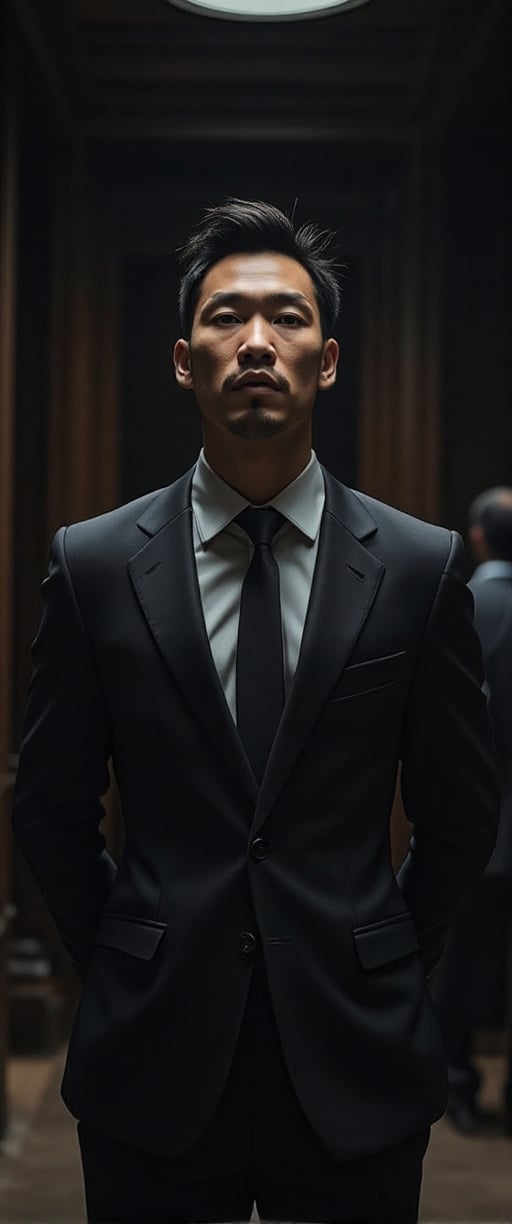 asian man in a suit and tie posing for a picture, short wavy hair, dark suit jacket, light-colored dress shirt, standing pose, looking slightly to the side, smooth skin, indoor environment, dark background with focused lighting, dramatic shadows, formal atmosphere, close-up shot, front view, deep depth of field, well-balanced exposure, no motion blur., cinematic headshot portrait, mid shot portrait, masahiro ito, well lit professional photo,dimly lit environment.