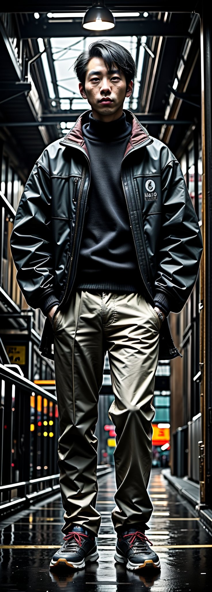  asian man in a black jacket standing in a dark city, digital art inspired by roger deakins, unsplash, digital art, cinematic full body shot, moody cinematic lighting, cinematic outfit photo, cinematic moody lighting, gloomy cinematic lighting, cinematic contrasted lighting, cinematic dark lighting, standing in a city street, cinematic front shot, cinematic gritty lighting