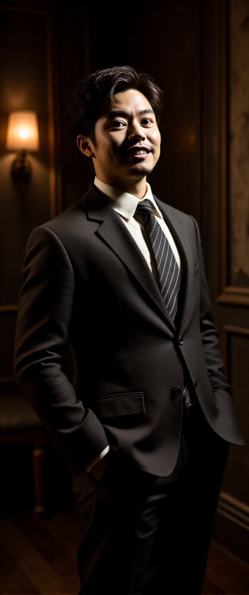 asian man in a suit and tie posing for a picture, short wavy hair, dark suit jacket, light-colored dress shirt, standing pose, looking slightly to the side, smooth skin, indoor environment, dark background with focused lighting, dramatic shadows, formal atmosphere, close-up shot, front view, deep depth of field, well-balanced exposure, no motion blur., cinematic headshot portrait, mid shot portrait, masahiro ito, well lit professional photo,dimly lit environment.