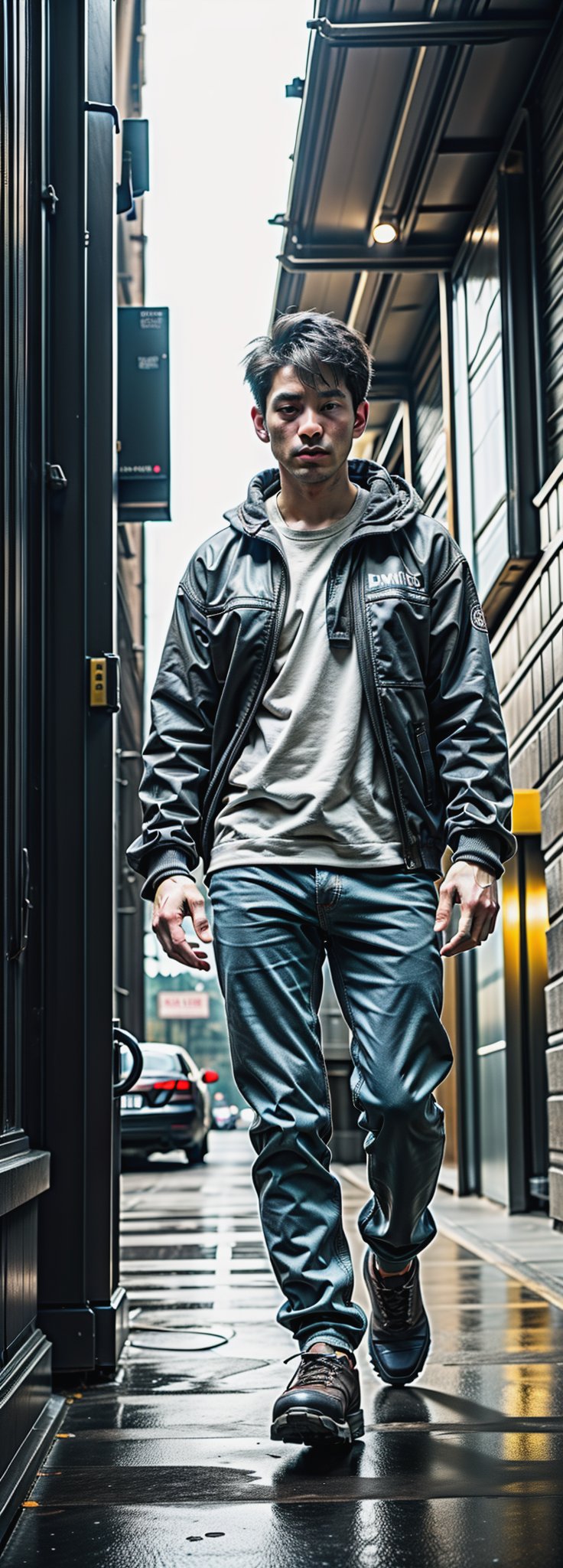  asian man in a black jacket standing in a dark city, digital art inspired by roger deakins, unsplash, digital art, cinematic full body shot, moody cinematic lighting, cinematic outfit photo, cinematic moody lighting, gloomy cinematic lighting, cinematic contrasted lighting, cinematic dark lighting, standing in a city street, cinematic front shot, cinematic gritty lighting