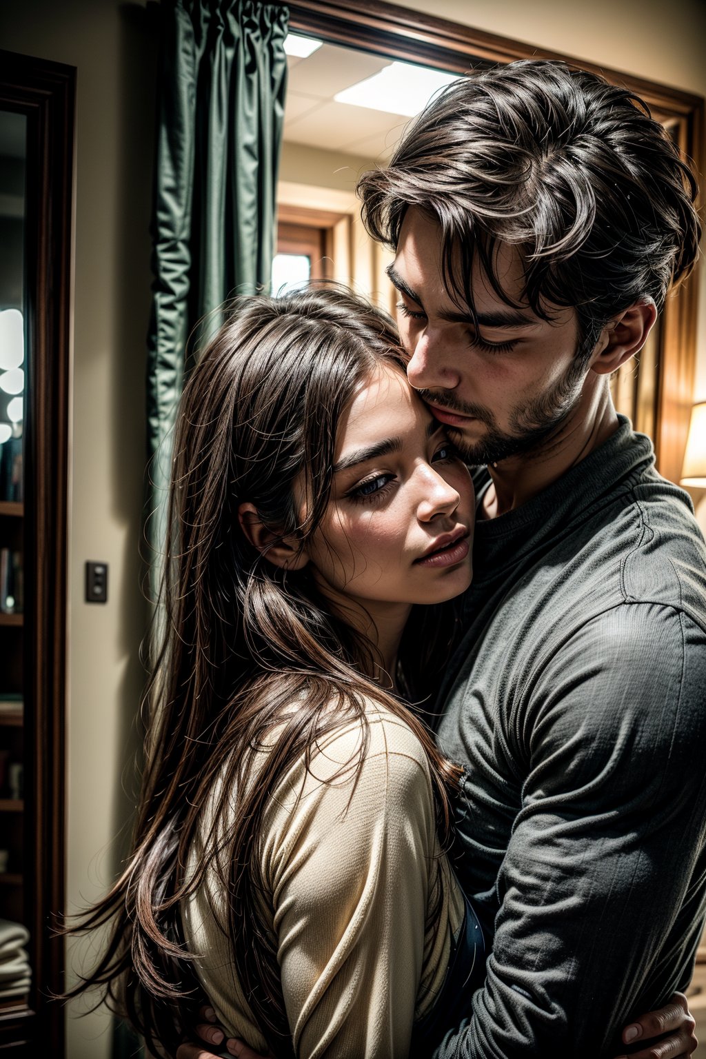 A tender moment captured in a front-facing shot. A man's arms wrap around a woman's torso from behind, his face leaning into her shoulder as he holds her close. Her eyes meet the viewer's, filled with warmth and affection. The soft focus of their bodies creates a sense of intimacy, while the clarity of their faces invites us to share in this loving moment.,photorealistic